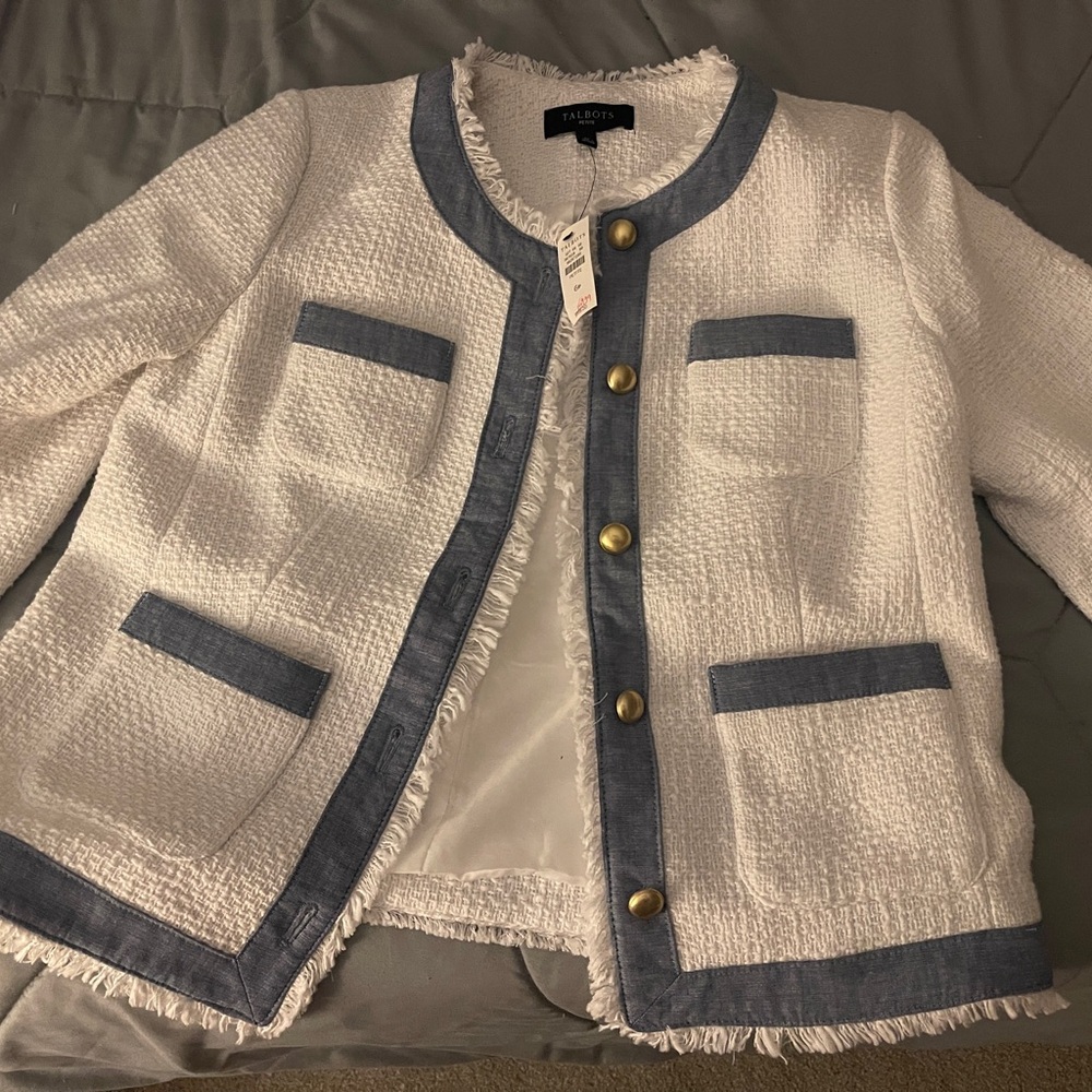 Talbots jacket tweed with topstitching, chest pockets and shank button accents.